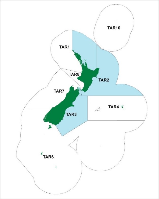 A map of New Zealand and the quota management areas surrounding it, with the eastern tarakihi fishery highlighted.